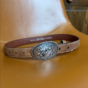 Brown Leather Belt with Ornate Silver Buckle